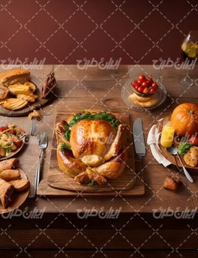 تصویر با کیفیت مرغ شکم پر همراه مواد غذایی و میز چوبی