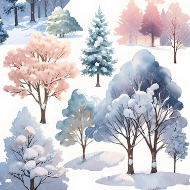 تصویر با کیفیت درخت همراه نقاشی آبرنگ و فصل زمستان