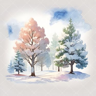 تصویر با کیفیت درخت همراه نقاشی آبرنگ و فصل زمستان