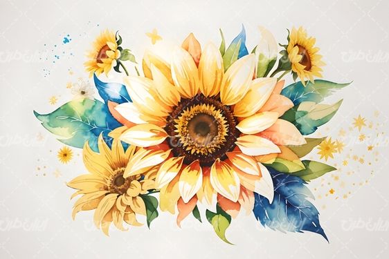تصویر با کیفیت گل آفتابگردان و نقاشی آبرنگ و نقاشی