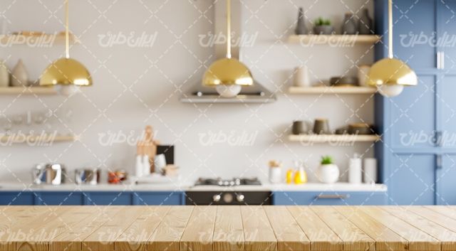 تصویر با کیفیت آشپزخانه همراه با دکوراسیون داخلی و سطح چوبی