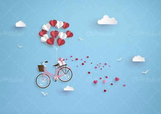 وکتور برداری ابر همراه با دوچرخه و قلب های قرمز