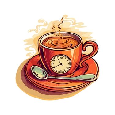 وکتور برداری فنجان قهوه همراه با قاشق و ساعت