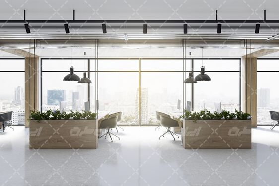 تصویر با کیفیت طراحی داخلی اداری همراه با میز و صندلی و کامپیوتر