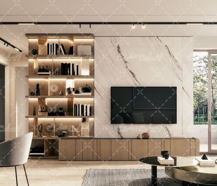 تصویر با کیفیت دکوراسیون داخلی همراه با مبل و تلویزیون