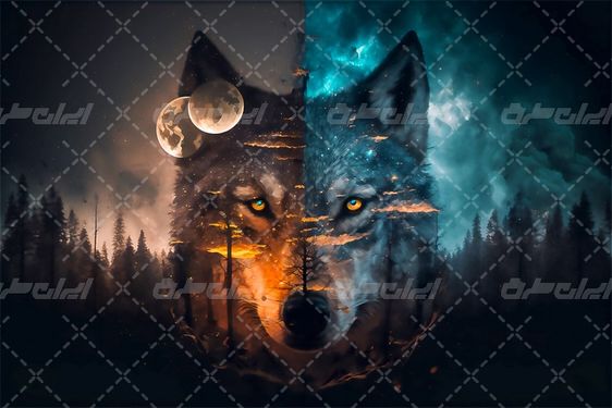 تصویر با کیفیت نقاشی گرگ همراه با حیوان وحشی و گرگ