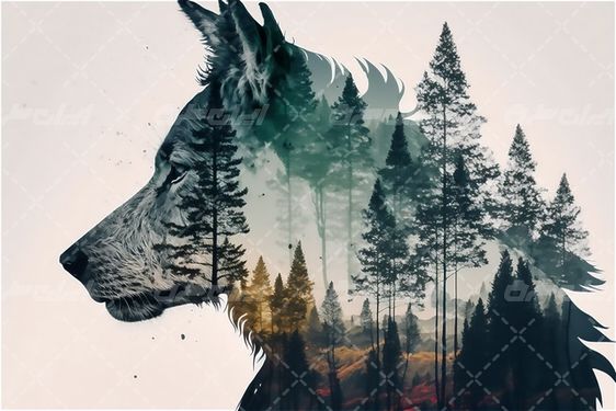 تصویر با کیفیت نقاشی گرافیکی گرگ همراه با حیوان وحشی و گرگ