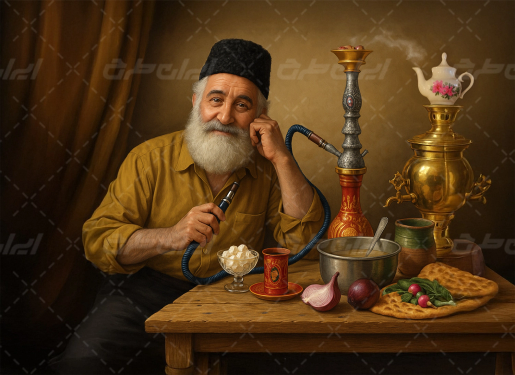 طرح تصویر با کیفیت کافه همراه با پیرمرد و سماور قدیمی