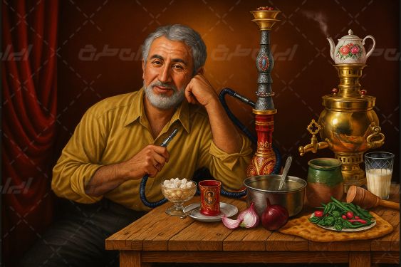 تصویر با کیفیت قهوه خانه همراه با پیرمرد و سماور قدیمی