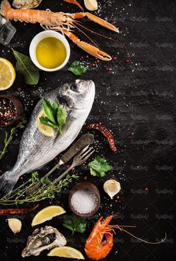 غذا های دریای ماهی میگو صدف پروتئینی