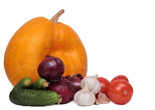 کدوی زرد پیاز قرمز سیر گوجه خیار 