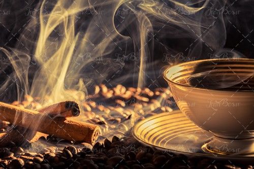 بخار فنجان قهوه چوب دارچین دانه قهوه
