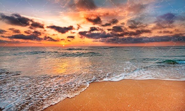 ساحل شنی خورشید غروب دریا