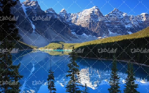 تصویر با کیفیت منظره دریاچه به همراه کوه و درختان سوزنی