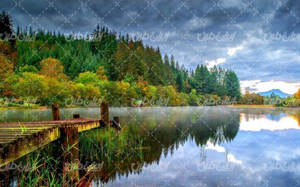 تصویر با کیفیت منظره زیبای دریاچه به همراه درخت و ابر سیاه
