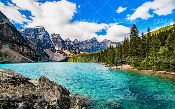 تصویر با کیفیت منظره زیبای دریاچه همراه با کوه و درختان