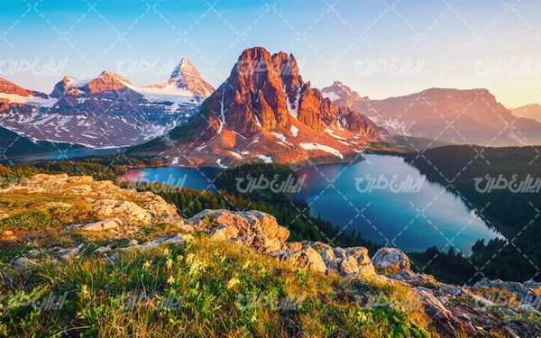 تصویر با کیفیت منظره کوه همراه با دریاچه و درخت
