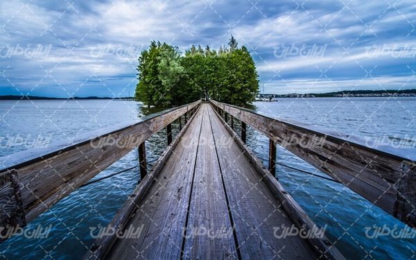 تصویر با کیفیت منظره زیبای دریاچه همراه با پل چوبی و درخت