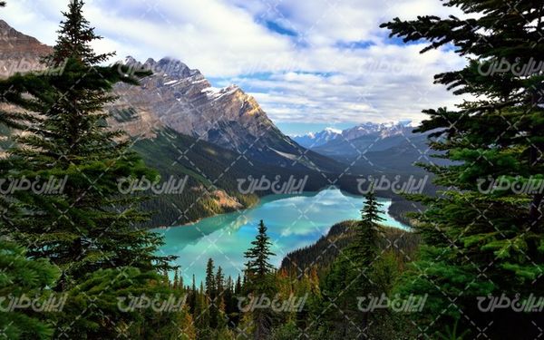 تصویر با کیفیت منظره دریاچه زیبا همراه با کوه و درختان