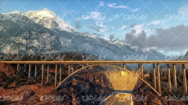 تصویر با کیفیت پل همراه با سد بتنی و کوه های پوشیده از برف