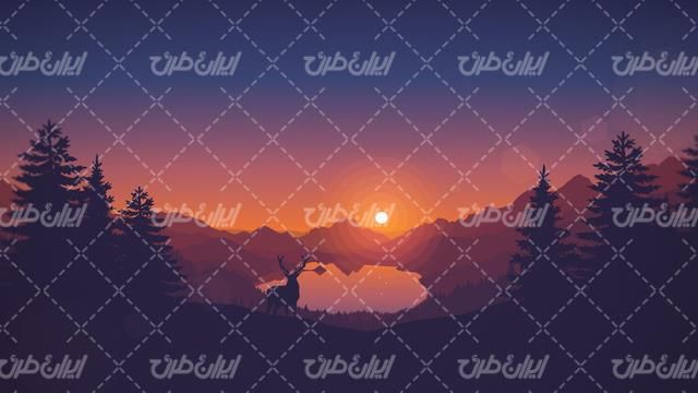 تصویر با کیفیت غروب خورشید به همراه گوزن و دریاچه