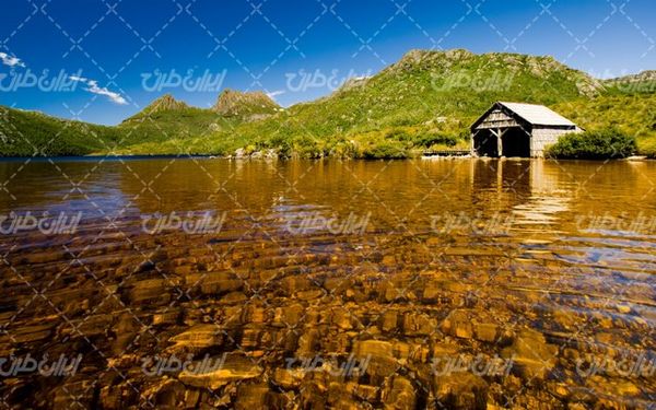 تصویر با کیفیت دریاچه به همراه قله کوه برفی و جنگل انبوه