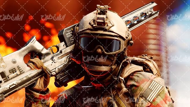 تصویر با کیفیت سرباز به همراه تفنگ سلاح ویژه و لباس نظامی