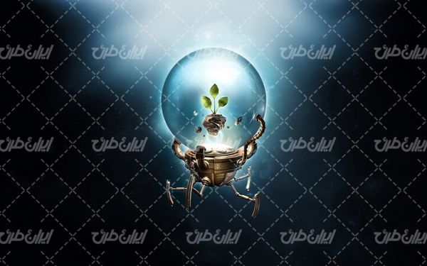 تصویر با کیفیت گوی شیشه ای به همراه گیاه سبز و آدم آهنی