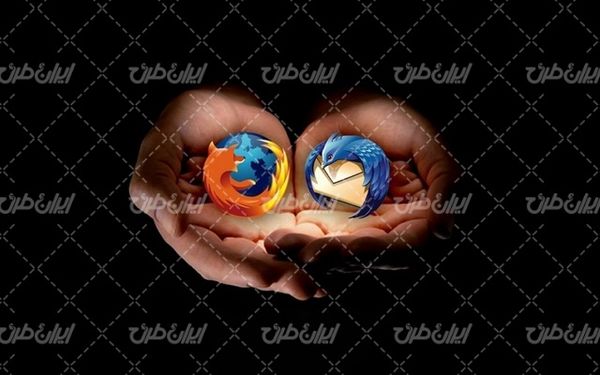 تصویر با کیفیت آیکن مررورگر فایرفاکس به همراه دست و آیکن ایمیل