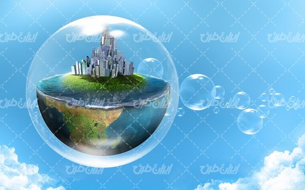 تصویر با کیفیت حباب به همراه ساختمان های آسمان خراش و کره زمین