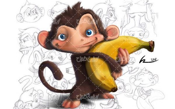 تصویر با کیفیت میمون کارتونی به همراه موز و برنامه کودک میمون