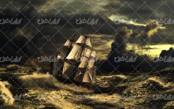تصویر با کیفیت دریایی طوفانی به همراه کشتی بادبانی قدیمی و امواج