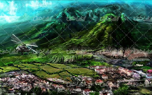 تصویر با کیفیت هیلی کوپتر به همراه کوهستان سرسبز و نقاشی و