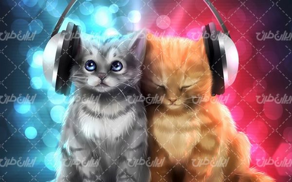 تصویر با کیفیت گربه زیبا به همراه و هدفون و پس زمینه جلوه نور