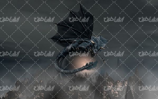 تصویر با کیفیت حیوان افسانه ای به همراه کوهستان و دراگون