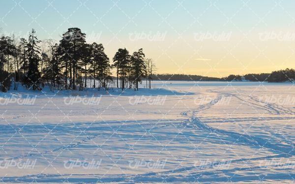تصویر با کیفیت منظره زمستان به همراه فصل زمستان و چشم انداز غروب