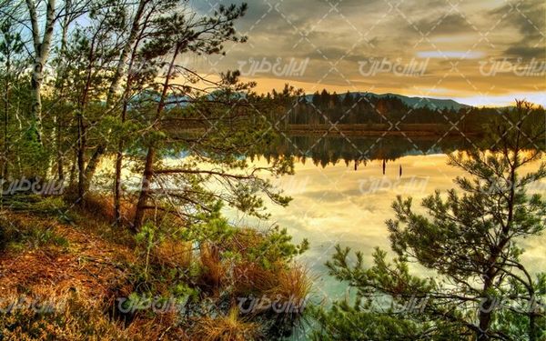 تصویر با کیفیت چشم انداز دریاچه همراه با منظره و طبیعت زیبا