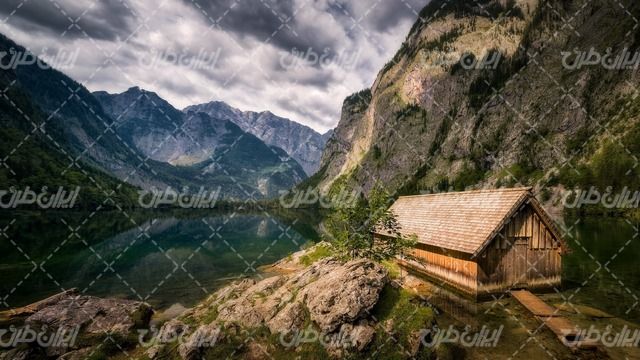 تصویر با کیفیت منظره زیبای دریاچه همراه با جنگل و درخت