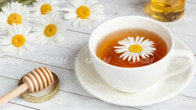 تصویر با کیفیت فنجان چای همراه با قاشق عسل و گل بابونه