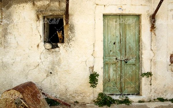 تصویر با کیفیت درب قدیمی همراه با خانه قدیمی و گربه