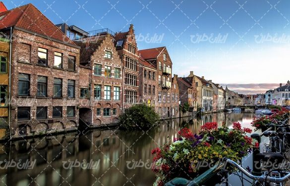 تصویر با کیفیت چشم انداز زیبای رودخانه همراه با ساختمان و گل طبیعی