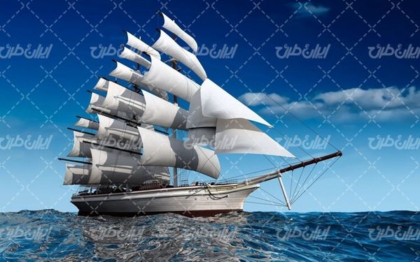 تصویر با کیفیت کشتی بادبانی همراه با کشتی قدیمی و دریا