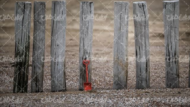 تصویر با کیفیت کنده درخت همراه با حصار چوبی و بیلچه قرمز