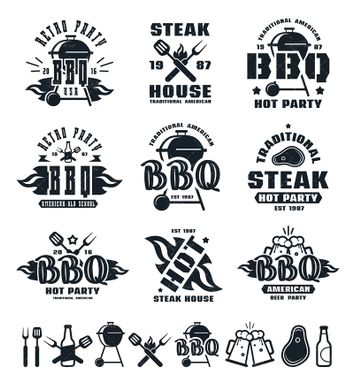 وکتور لیبل برچسب باربیکیو کباب پز شعله آتش کفگیر