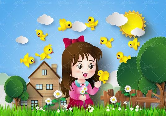وکتور دختر بچه وکتور گل وکتور حصار چوبی وکتور پرنده