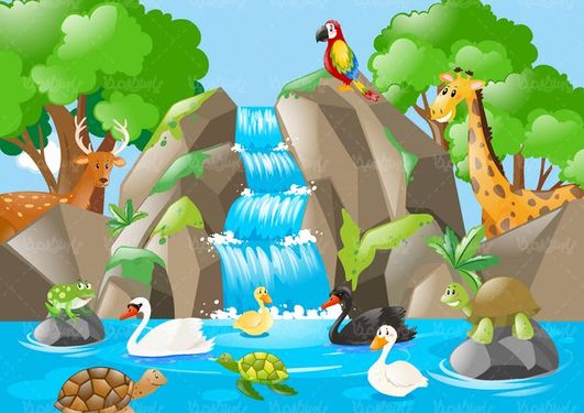 وکتور حیوانات جنگل وکتور نقاشی کودکانه وکتور آبشار
