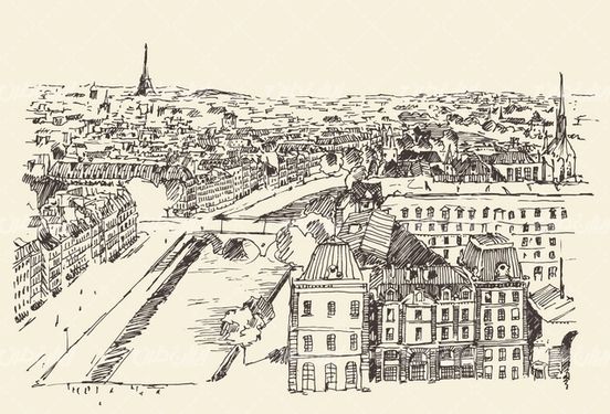 وکتور برداری شهر همراه با طرح سیاه قلم شهر و برج