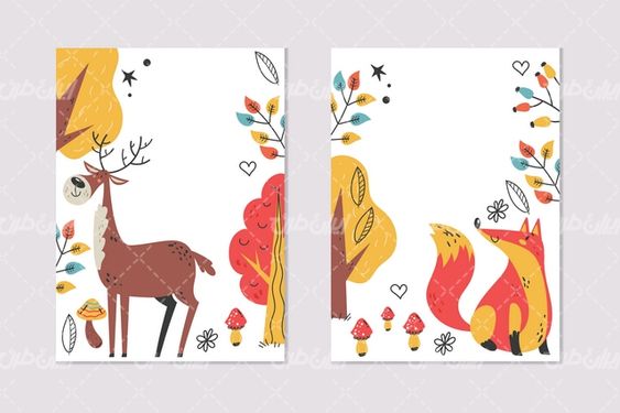 وکتور برداری گوزن گرافیکی همراه با برگ های پاییزی زیبا