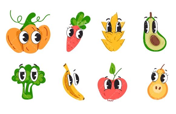 وکتور برداری میوه کارتونی همراه با شخصیت کارتونی و برنامه کودک