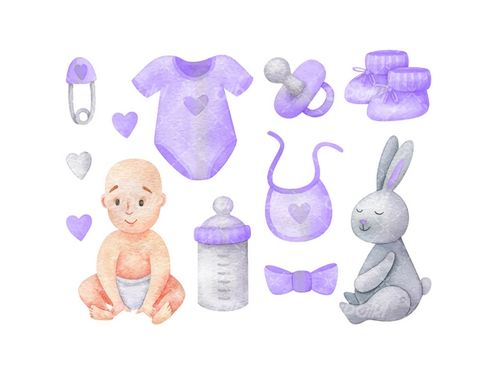 وکتور برداری نوزاد همراه با لباس و تجهیزات نوزاد و شیشه شیر بچه